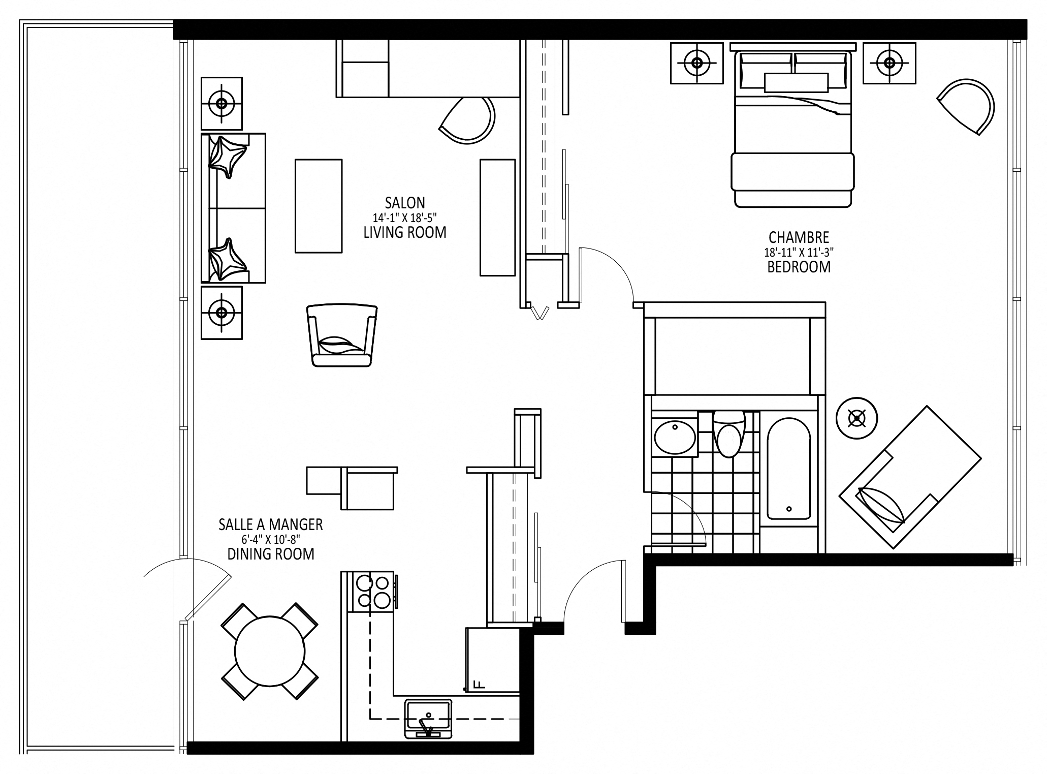 Floor plan for 1 bed, 1 bath
